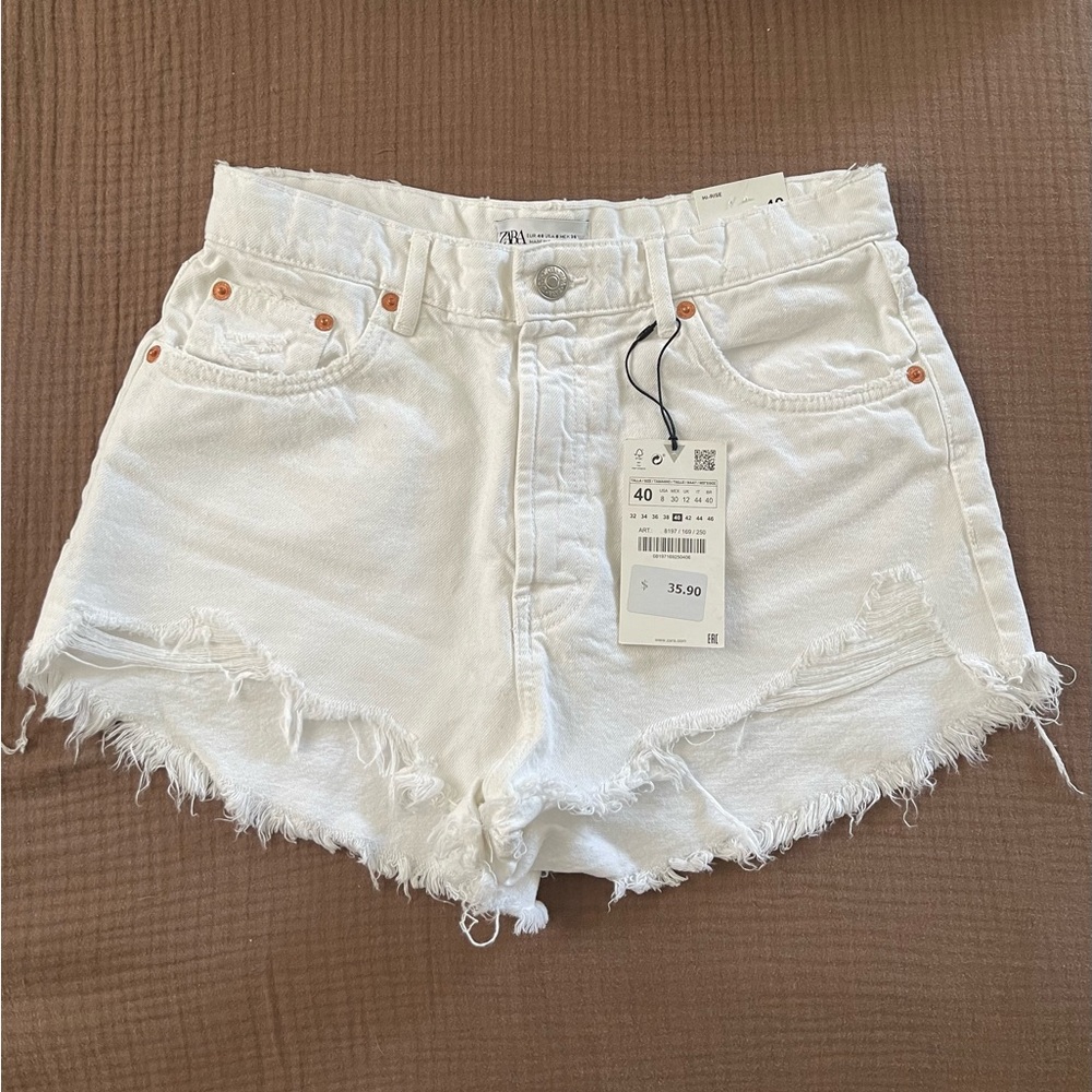 Zara White Distressed Denim Cutoff Shorts